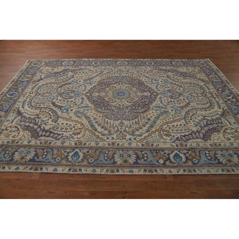 Beige Tabriz Persian Area Rug Hand-Knotted Oriental Wool Carpet - 6'5"x 9'4"