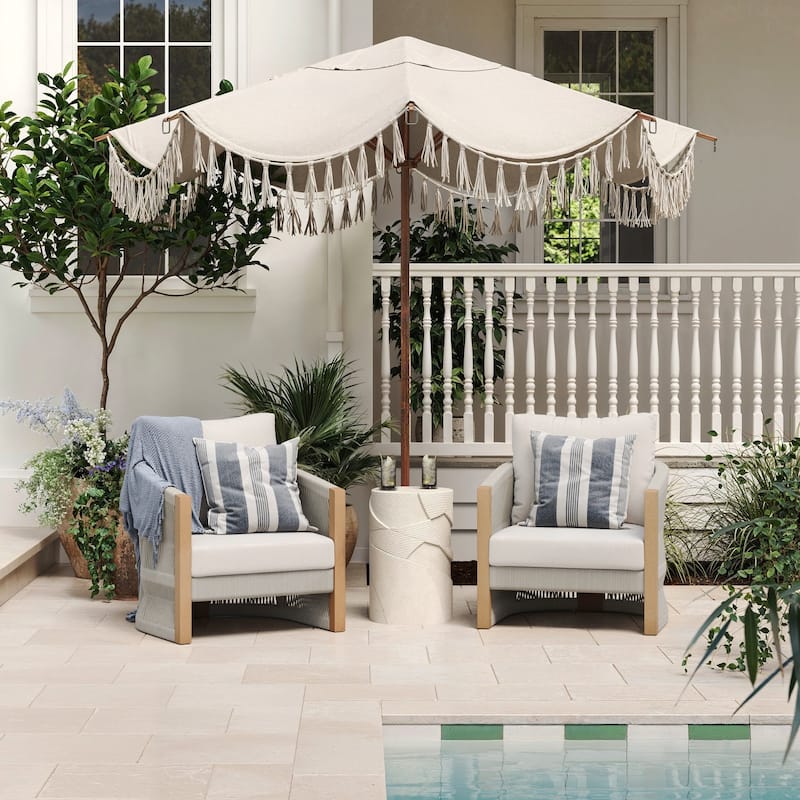 Jagger Farmhouse Patio Seating with Solid Acacia Wood Frame, Cushions, and Rope Accent