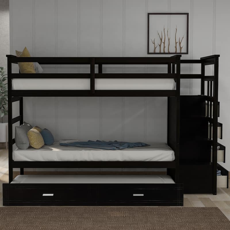 Solid Wood Bunk Bed with Trundle and Staircase