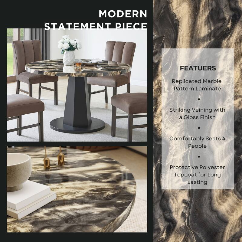 Roundhill Furniture Cavira 5-Piece Modern Dining Set, Round Faux Marble Dining Table with Four Chairs