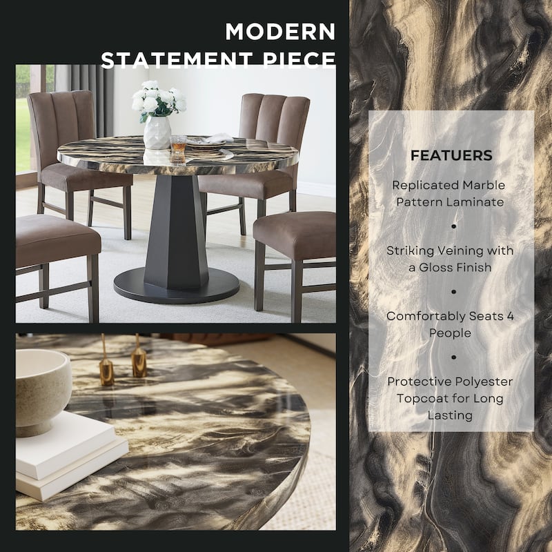 Roundhill Furniture Cavira Modern Faux Marble Dining Table with Wood Pedestal Base