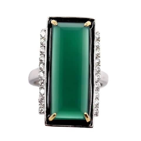 14K Gold & 925 Sterling Silver Green Agate, White Natural Zircon Ring