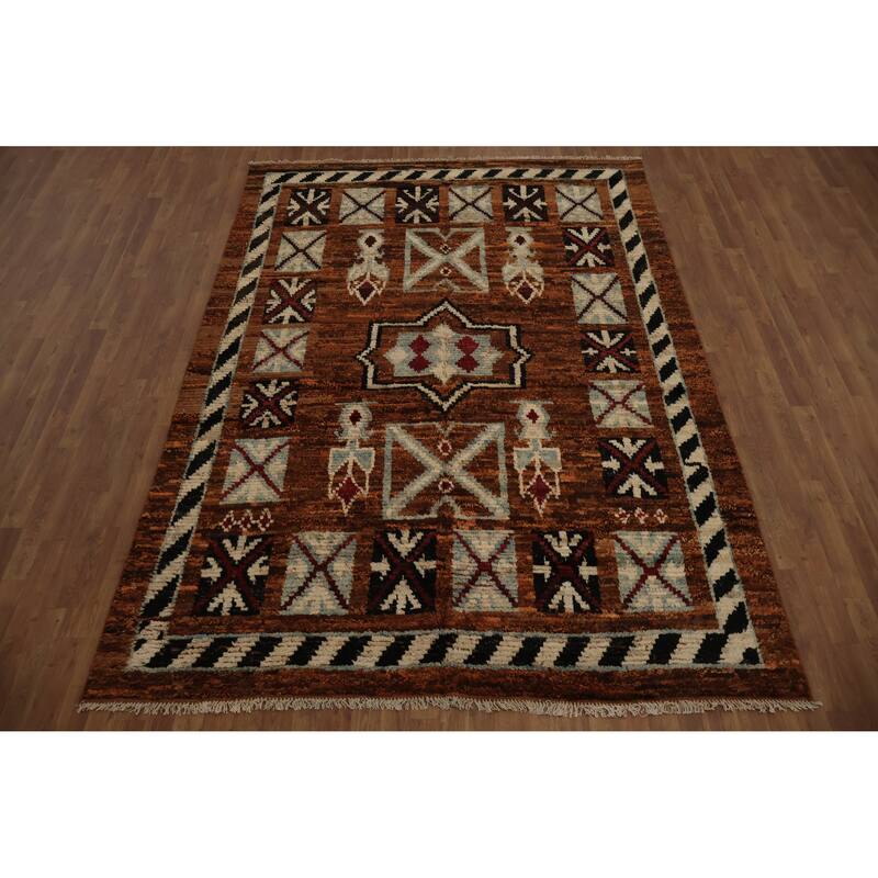 Hand Knotted Oriental 100% Wool Carpet Modern Tribal Oranges & Rust Moroccan Area Rug - 9' 7'' X 6' 10''
