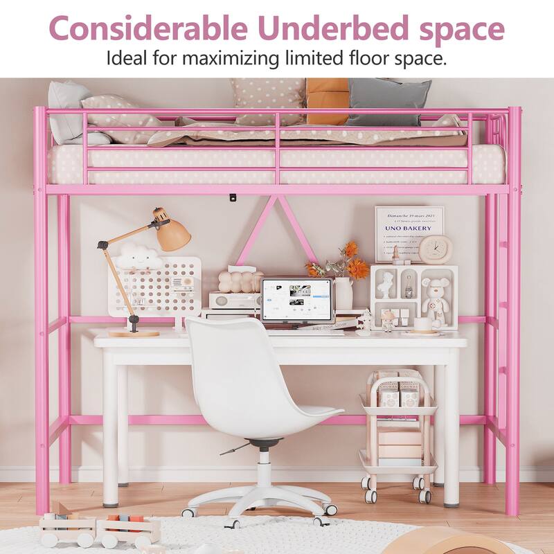 Twin Kids Loft Metal Bed with Reversible Stairs 400lb Capacity Space Saving Under Bed Study Play Area