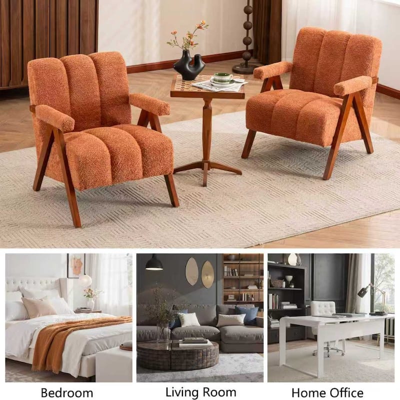 Mid Century Modern Accent Chair, Chenille Armchair with Solid Wood Legs, Channel Tufted Comfy Reading Chair for Living Room