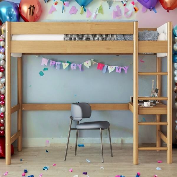 slide 2 of 18, Rubber Wooden Twin Size Loft Bed with Desk,Kids Bed with Ladder,Teddy Fleece Fabric Upholstered Natural