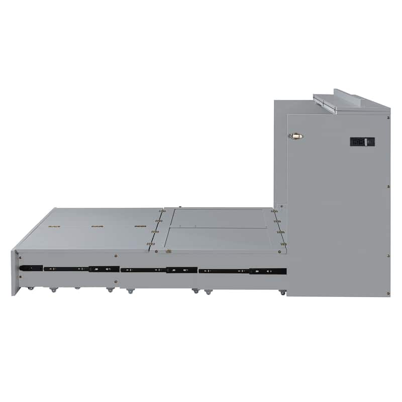 Queen Size Murphy Bed with Pulley System, Storage Drawer, USB Ports, and Sockets, Space-Saving