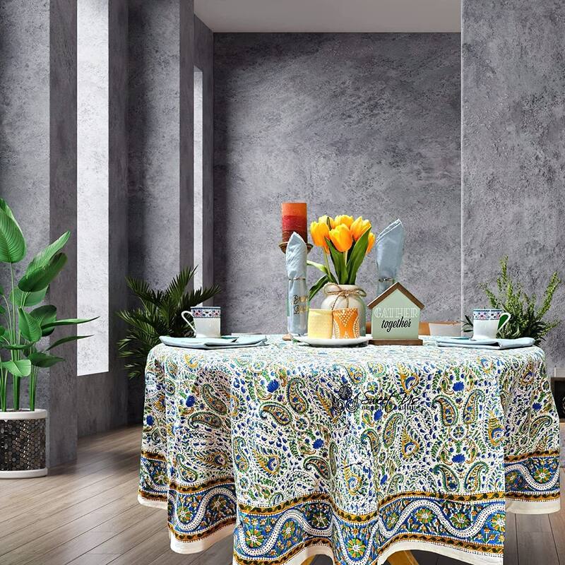 Block Print Cotton Paisley Floral Tablecloth Round Square