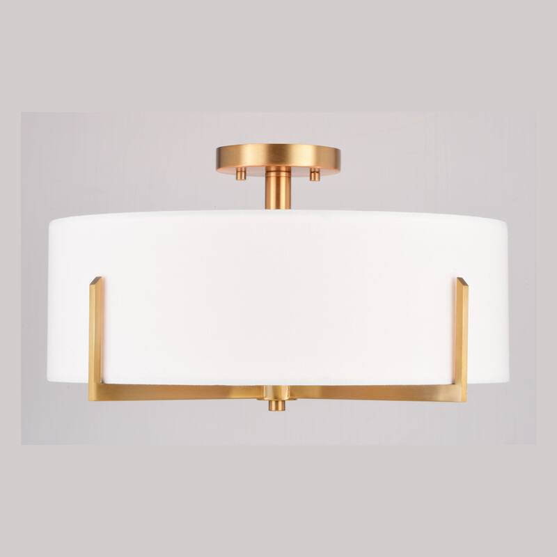 Surrey 18-in W Natural Brass Mid-Century Modern Semi Flush Mount Ceiling Light White Linen Drum Shade