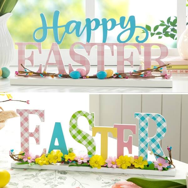 slide 2 of 39, Glitzhome Wooden Happy EASTER HOP with Artificial Rattan Table Sign Decor Centerpiece