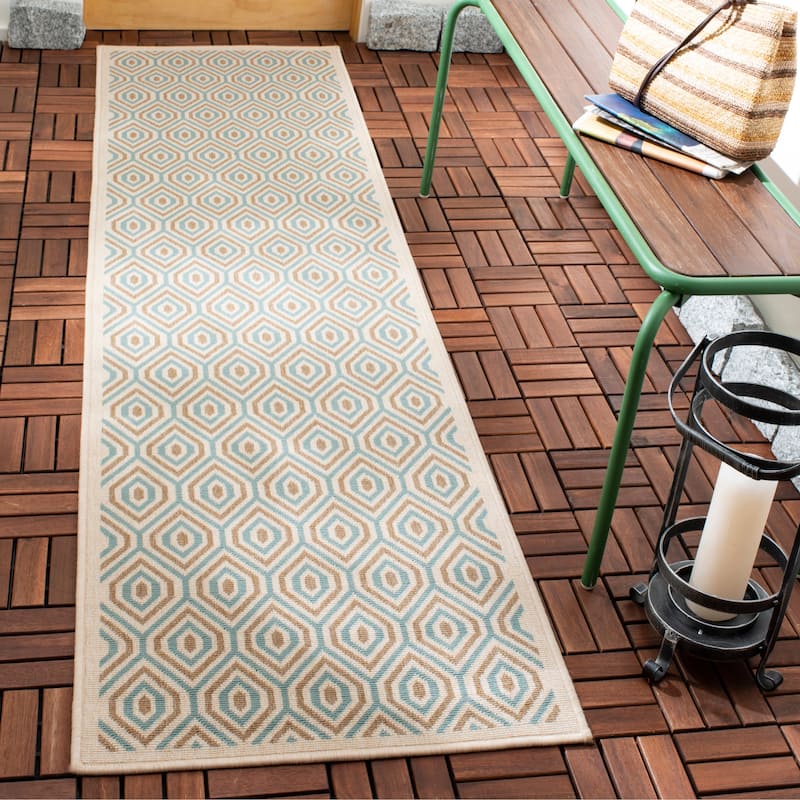 SAFAVIEH Veranda Bergþora Indoor/ Outdoor Waterproof Patio Backyard Rug - 2'3" x 8' Runner - Cream/Aqua