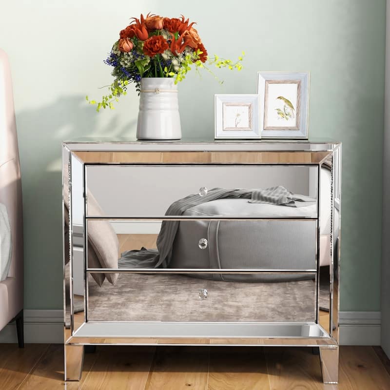 Glam Mirror Nightstand Bedside Table with 3 Drawer Chest
