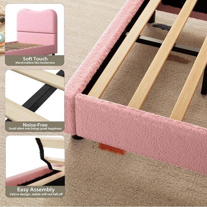 Upholstered Boucle Bed Frame with Headboard, No Box Spring Needed, Pink