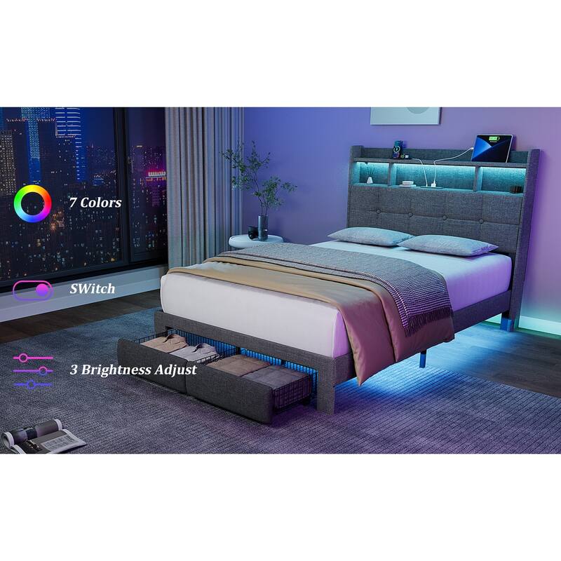 King Size Upholstered Platform Bed with LED Lights, Charging Station & Storage Headboard, No Box Spring Needed
