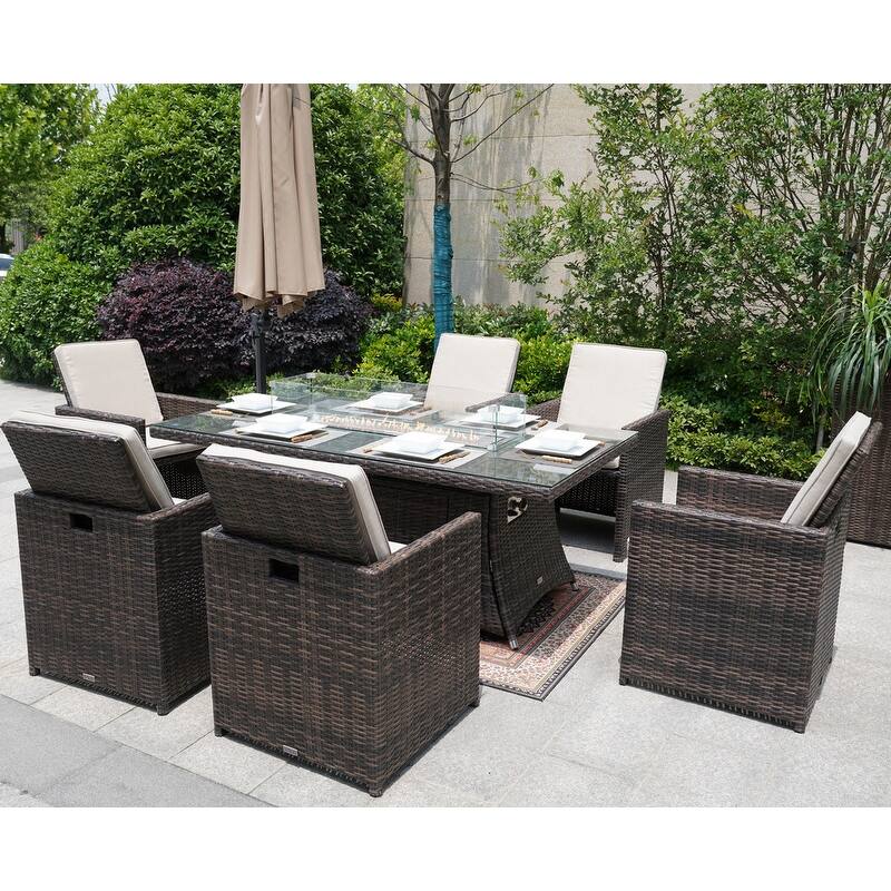 7-Piece Patio Wicker Rectangle Firepit Table with Chairs