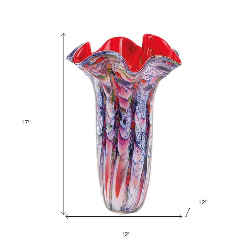 HomeRoots 17" Blue Red And White Abstract Wavy Murano Glass Table Vase