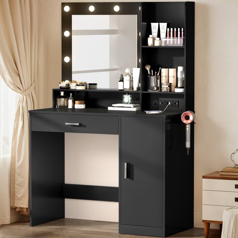 Furniwell Makeup Dresser Desk Table with Lighted Mirror,Vanity Desk with Charging Station, 1 Drawers, 10 LED Light