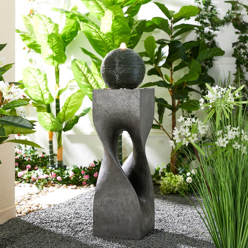 Glitzhome Modern Geometric Oversized Pedestal Sphere Polyresin Outdoor Floor Fountain with Pebbles