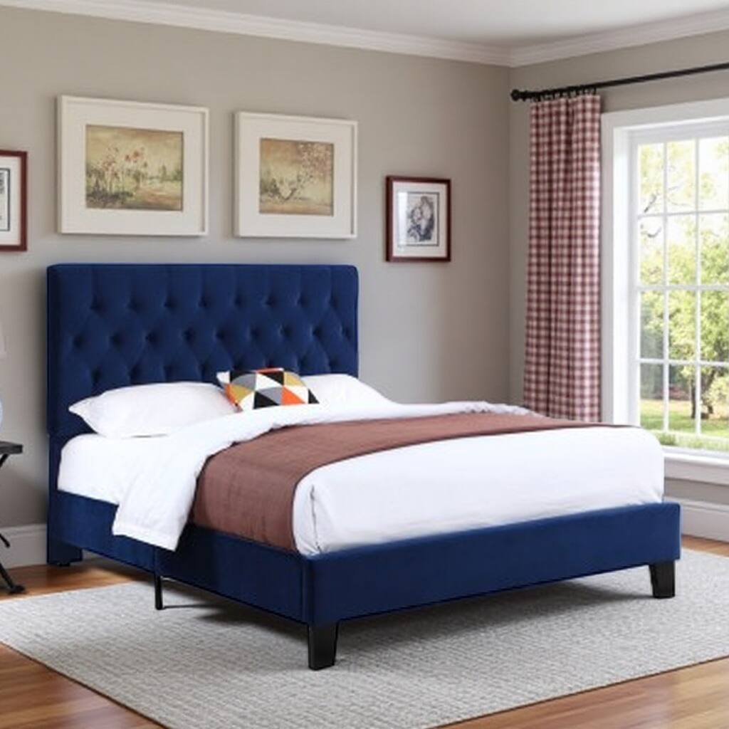 Navy Blue Queen Size Upholstered Bed Frame in Transitional Style with Elegant Design