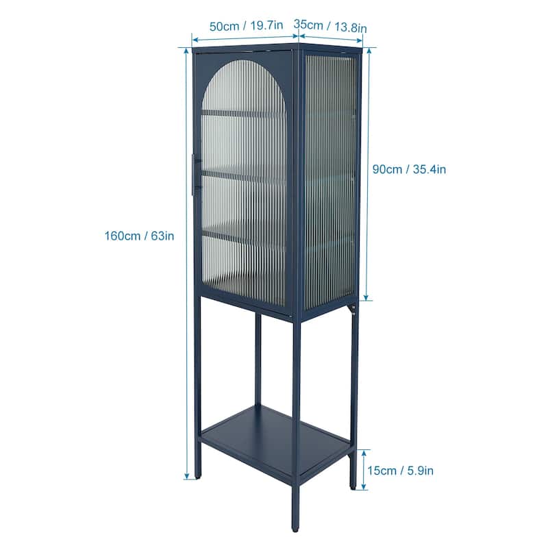Tempered Glass High Cabinet with Arched Door Adjustable Shelves and Feet Anti-Tip Dust-free Fluted Glass Kitchen Credenza