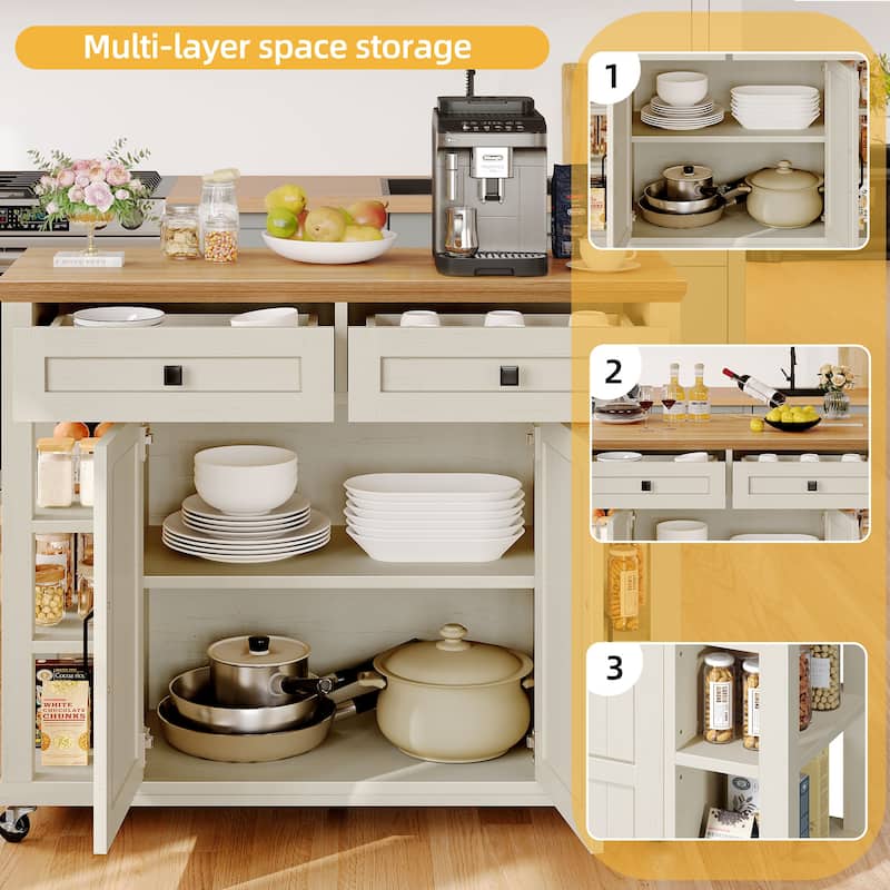 Rolling Kitchen Island Kitchen Cart Storage Cabinet with Open Shelves