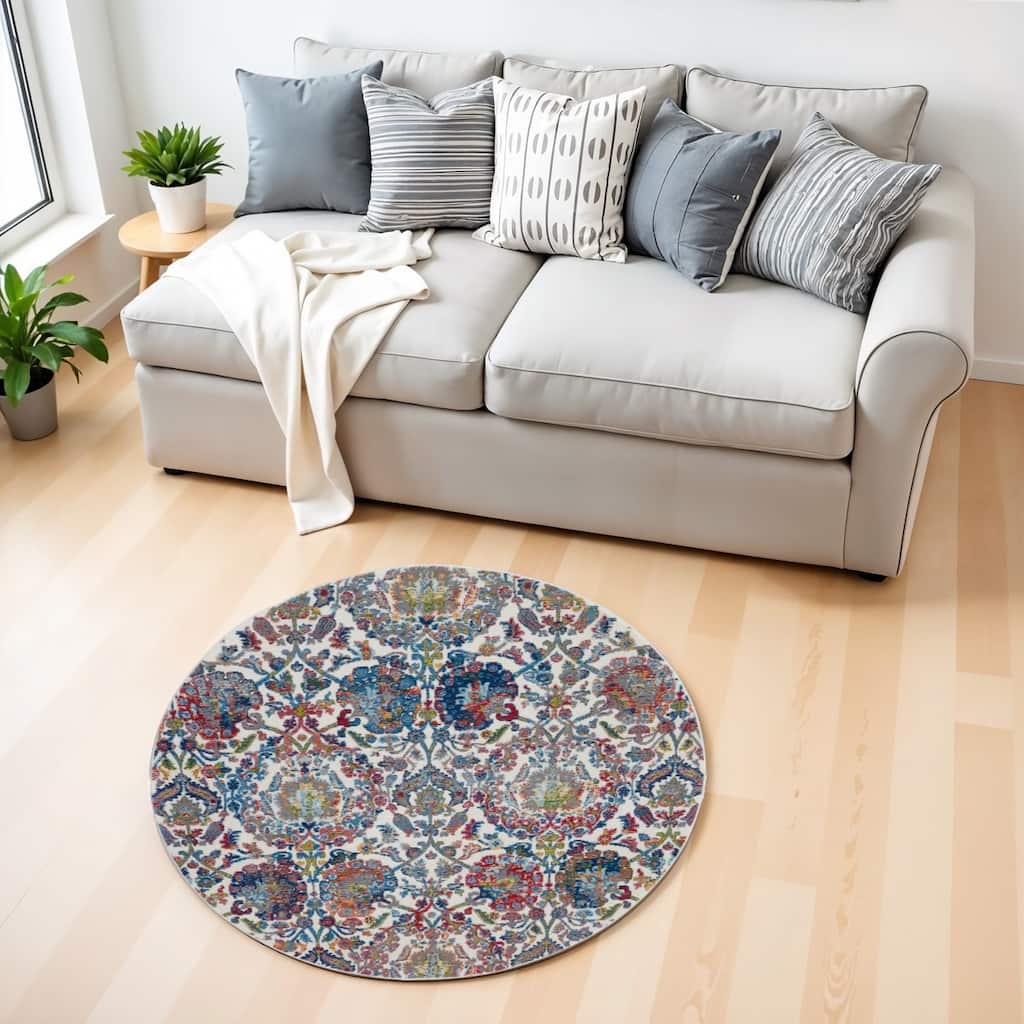 Buhab Power Loomed Distressed Geometric Floral Traditional Non Skid Area Rug By HomeRoots - 48' X '48' X '0.5