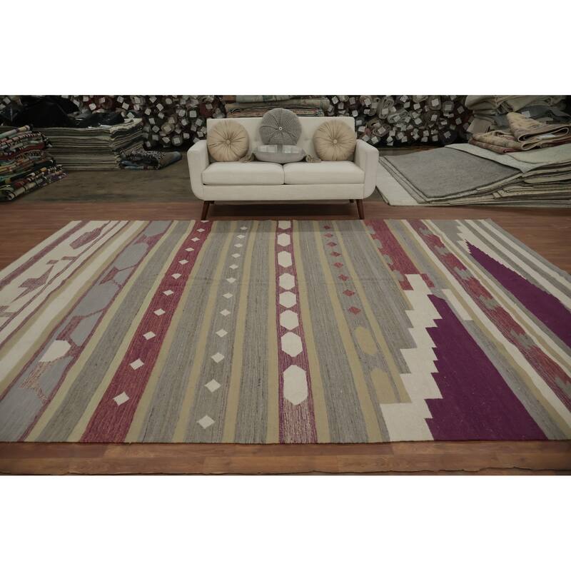Hand Woven Oriental 100% Wool Carpet Southwestern Tribal Greys & Charcoal Kilim Area Rug - 12' 5'' X 9' 4''