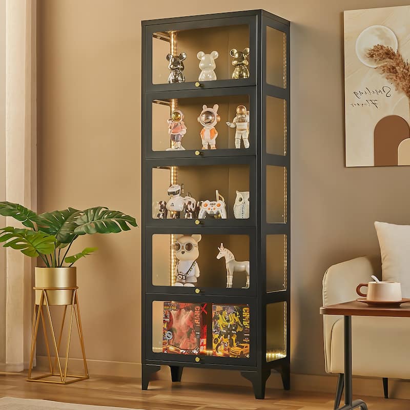 4/5-Tier Curio Display Cabinet with Glass Flip Doors & LED Light Strip - 5-Tier - Black