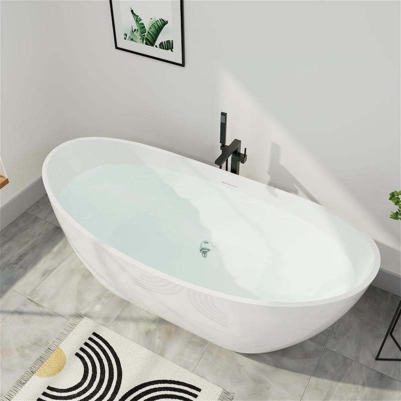 Mokleba 67" Freestanding Acrylic Bathtub Modern Stand Soaking Tub with Overflow & Polished Chrome Pop-up Drain