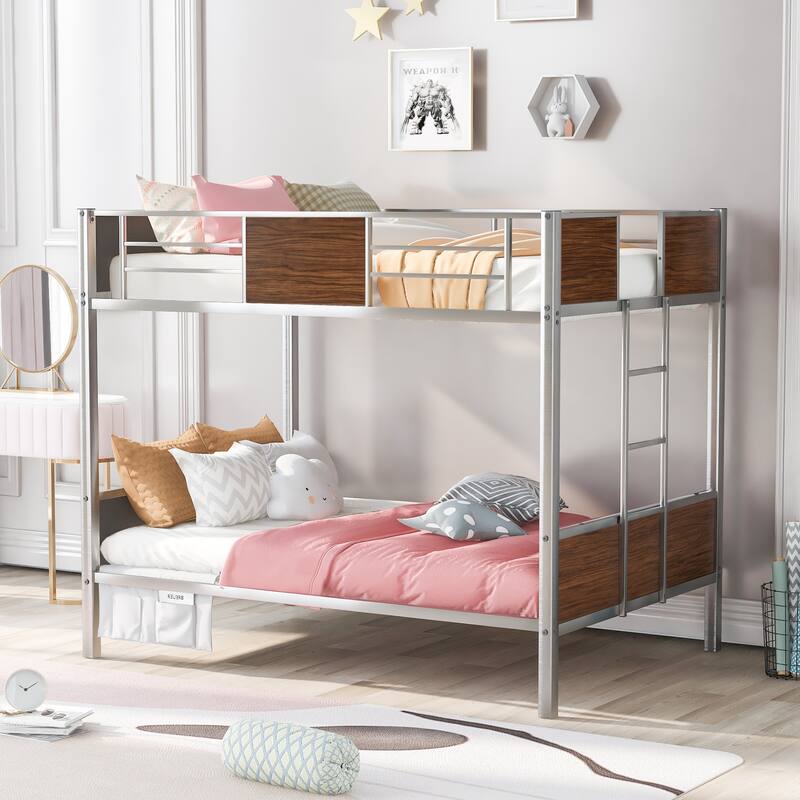 Full-over-full bunk bed modern style steel frame bunk bed with safety rail, built-in ladder for bedroom,dorm,adults