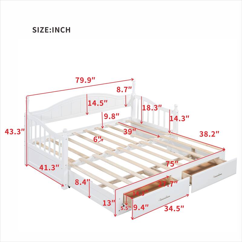 Wooden Twin Size Daybed with Twin Size Trundle, Extendable Daybed with Two Storage Drawers