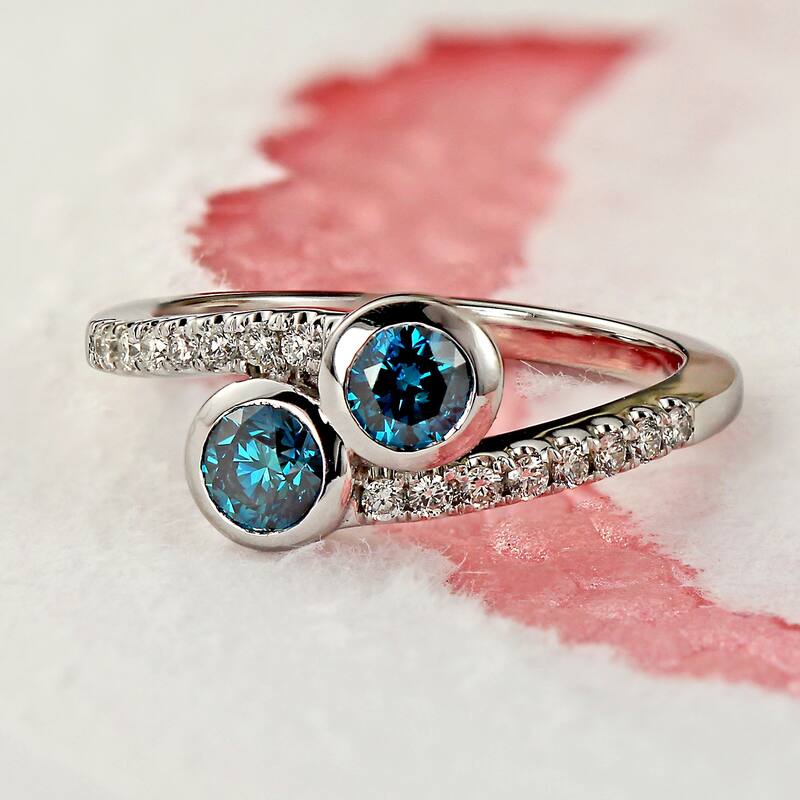 Auriya 14k Gold 3/4ctw Round Bezel-set 2 Stone Blue Diamond Engagement Ring (H-I, SI2-SI3)