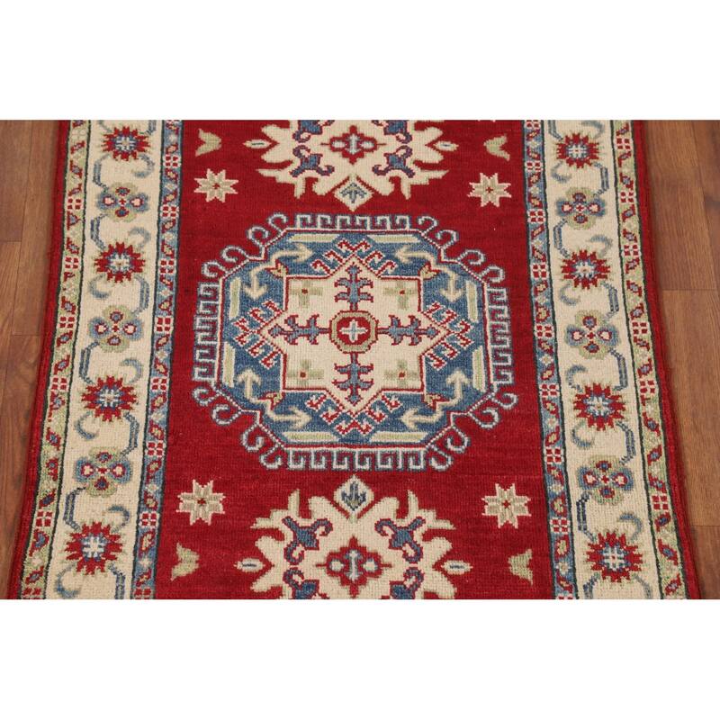 Geometric Red Kazak Rug Handmade Wool Carpet - 2'8" x 4'1"