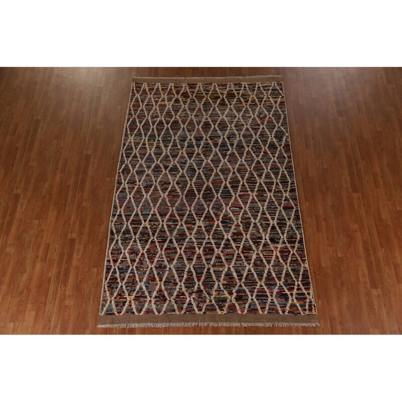 Hand Knotted Oriental 100% Wool Carpet Modern All-Over Black Moroccan Area Rug - 9' 7'' X 6' 3''