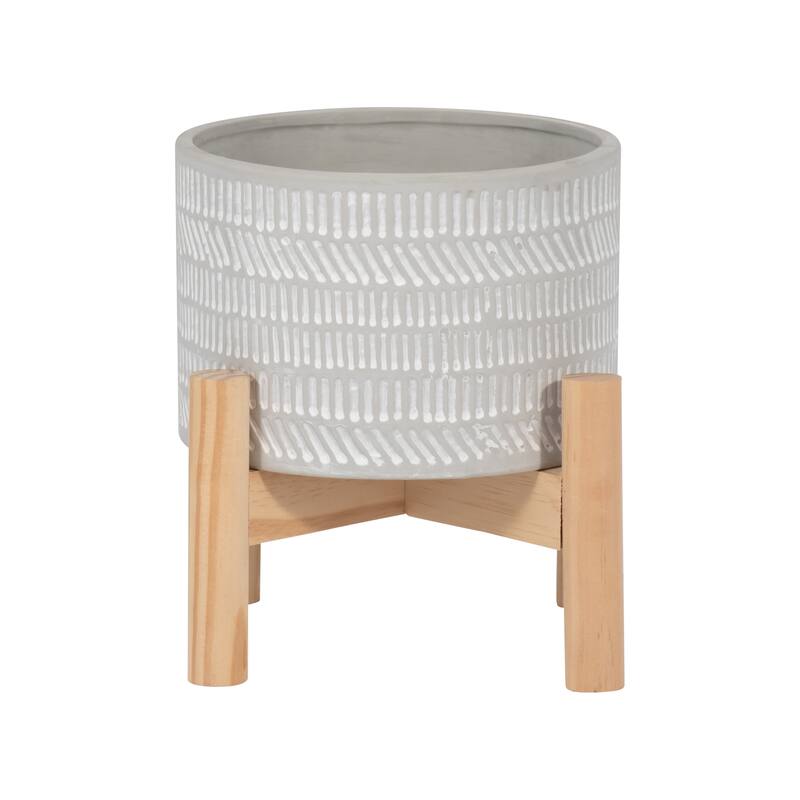 Sagebrook Home Neutral Ceramic Ivory Line Design Planter on Wooden Stand