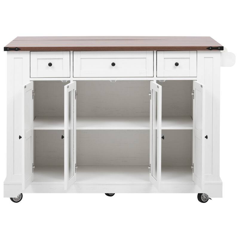 53'' Farmhouse Kitchen Island with Two Tempered Glass Cabinet Doors, Drop Leaf, 5 Open Side Racks and 3 Drawers