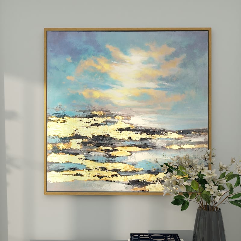 Canvas Geode Landscape Framed Wall Art with Gold Frame - Blue - Roche River Decor