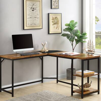 L Shaped Computer Desk, Office Desk with 2-Tier Storage Shelves for Home Office, Brown Black
