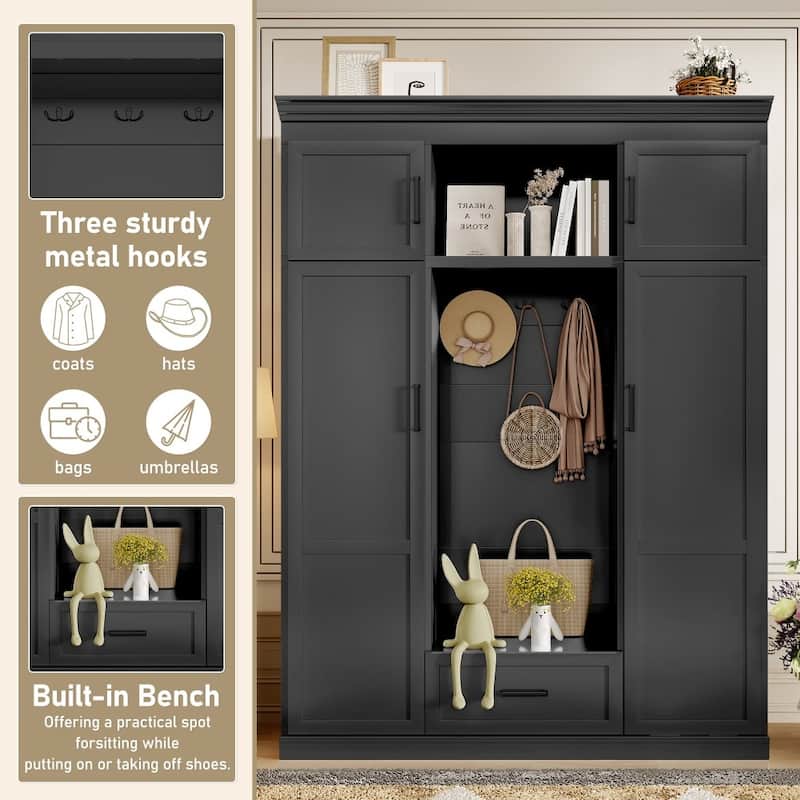 Modern 85.2''H Entryway Hall Tree Storage Organizer Cabinet with Bench and 3 Hooks