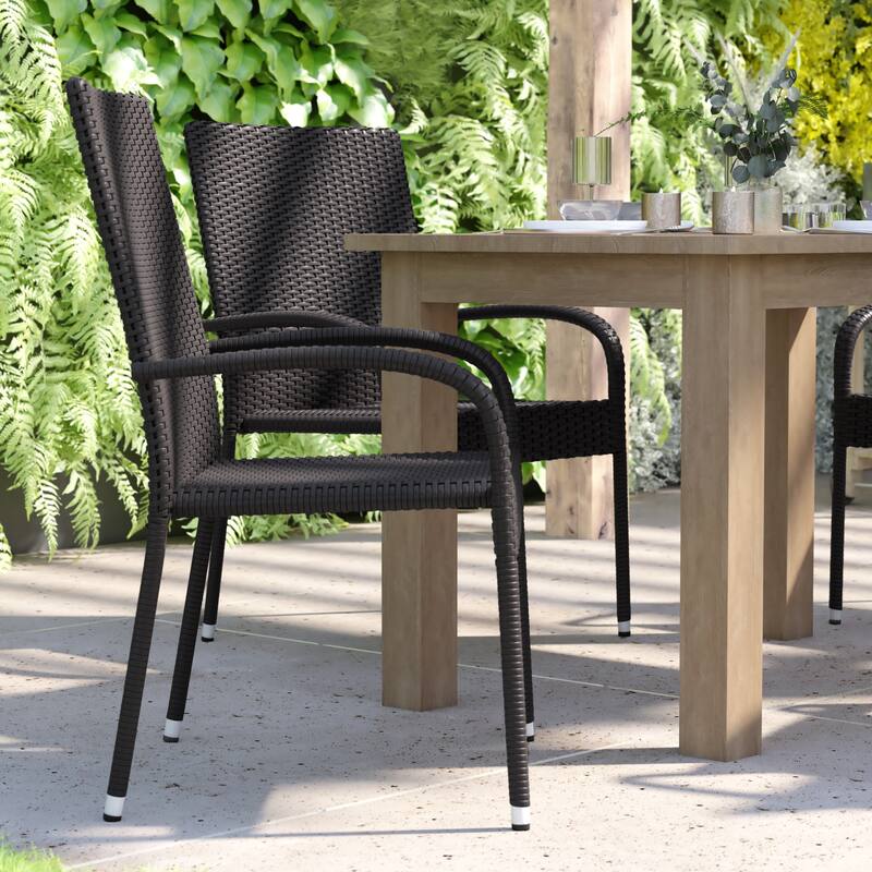 Indoor/Outdoor Stacking Steel Framed Wicker Dining Armchairs - 4 Pack