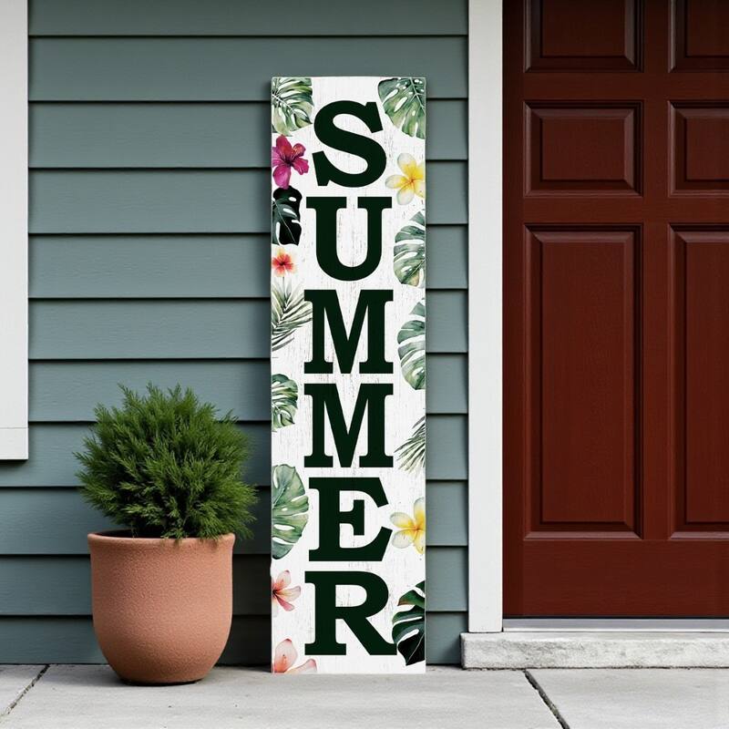 HomeRoots 36" Green Pink And White Solid Wood Tropical Floral Summer Porch Sign - Green/White/Pink - Wood