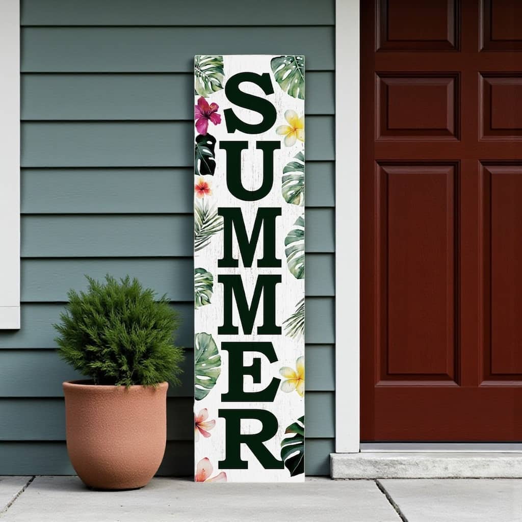 HomeRoots 36" Green Pink And White Solid Wood Tropical Floral Summer Porch Sign