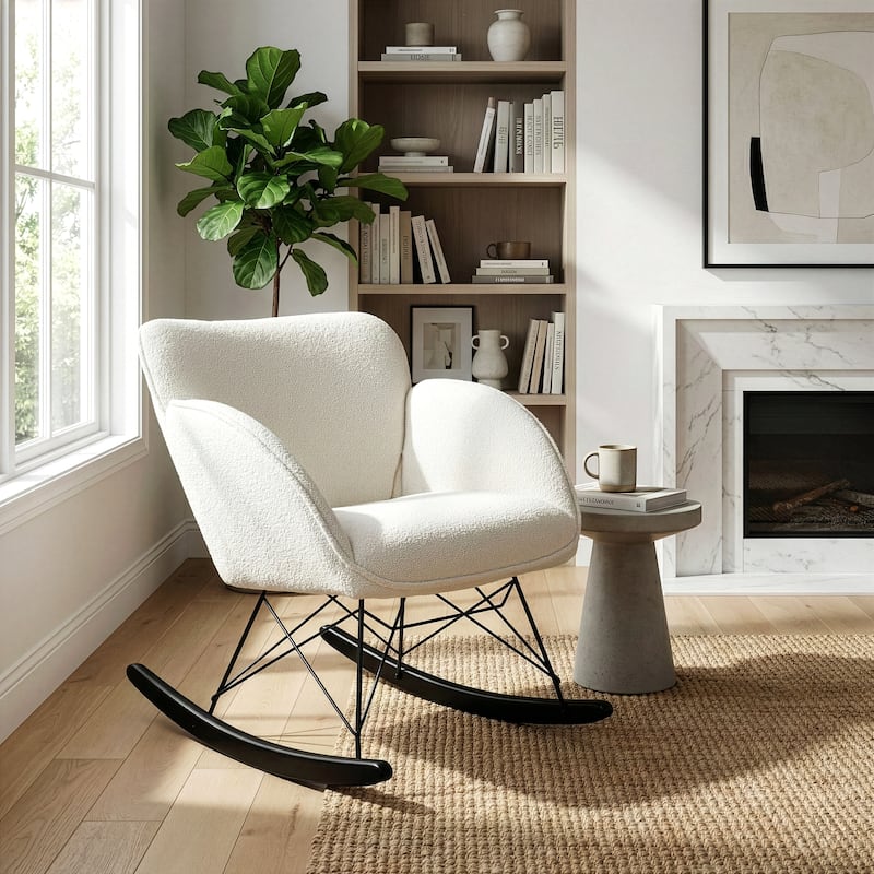 Ayan White Boucle Rocking Chair with Black Legs