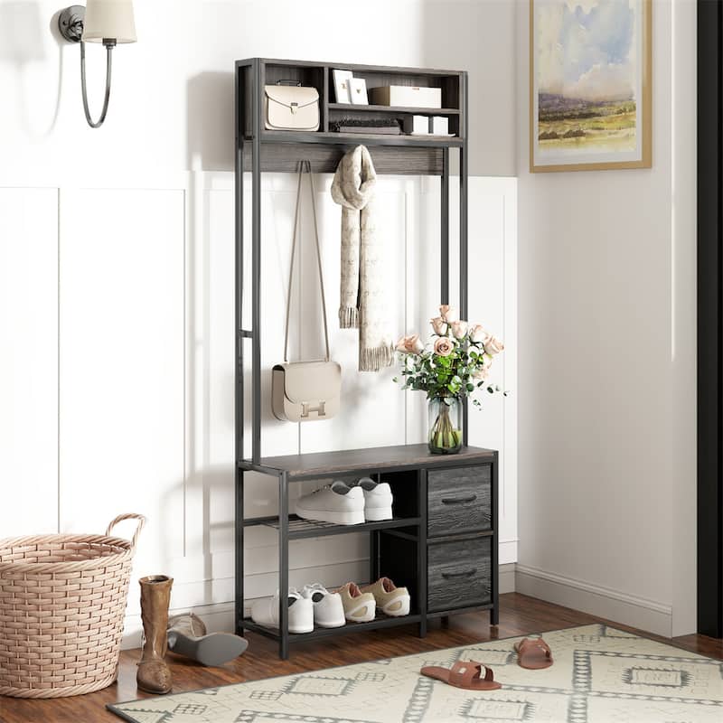 5-in-1 Hall Tree with Bench Coat Hooks and Storage Drawers for Entryway Hallway or Mudroom - 31.5" W x 11.8" D x 70.9" H