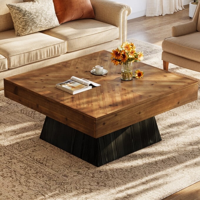.39.37'' Solid Wood Square Coffee Table, Rustic Square Center Table