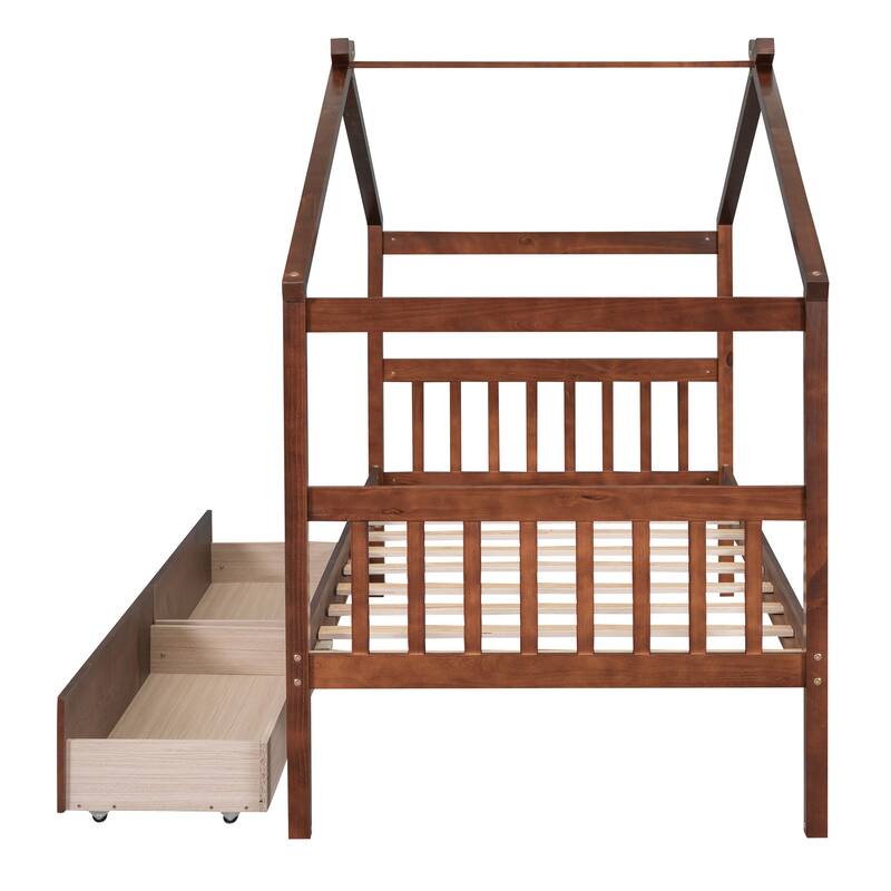 Creative Twin Size House-Shaped Wooden Bed with Drawers and Headboards for Kids