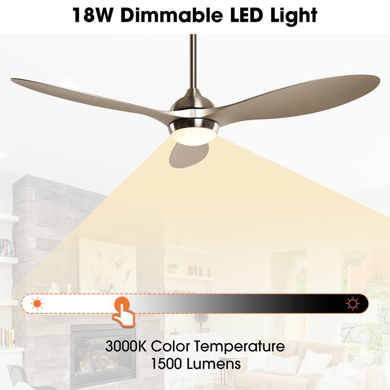 Modern Brushed Nickel 3-Blade LED Ceiling Fan with Remote Control - 56-in W x 13.7-in H