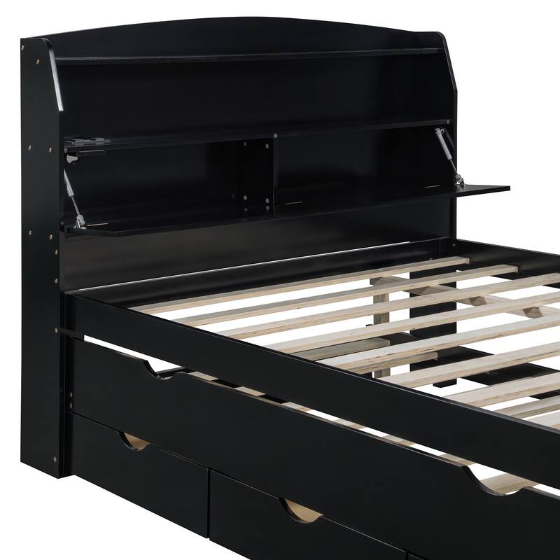 Wooden Platform Bed with Pull Out Trundle Bed and Drawers, All-in-One LED Headboard with Charging Station and Flip Up Storage