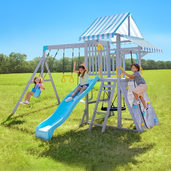 slide 2 of 27, Teamson Kids Everett Plus Swing Set Playset with Platform, Rock Wall, and Wave Slide Grey