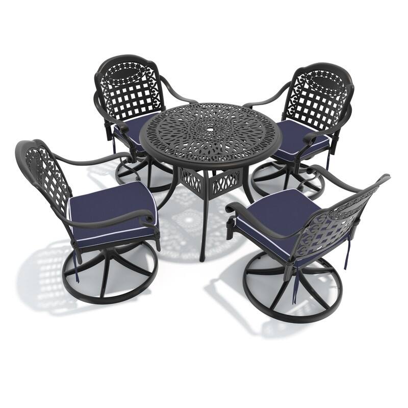 5-Piece Aluminum Round Outdoor Patio Dining Set, 4 Cushioned Swivel Chairs, Table, All-Weather Frames
